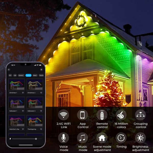 15m 36 Bulbs RGBIC&2200-6500K CCT Permenent Outdoor Eaves Strip Lights APP&Voice&Remote Control