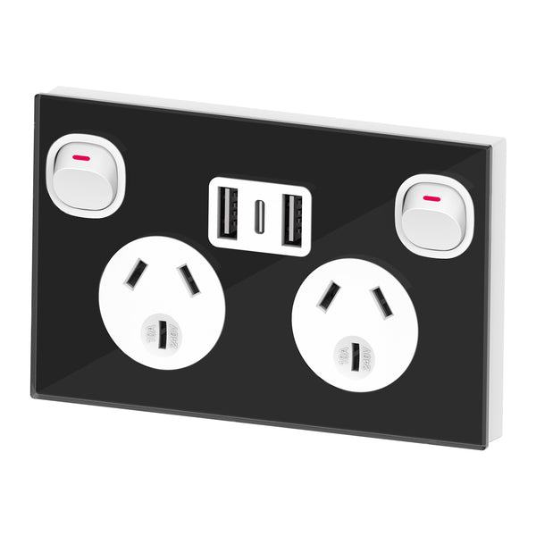 Glass Panel 10A FAST Charge 3.6 A Dual USB&Type-C Double Power Point GPO Wall outlet-Black