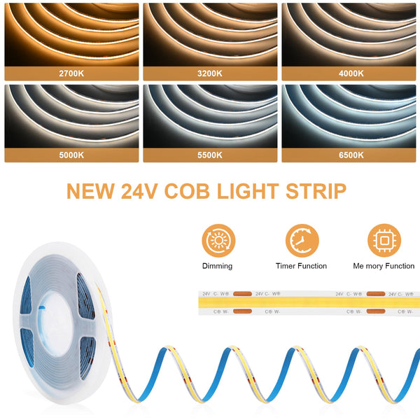 24V 576D 2PIN  COB Strip Light CCT 2700K-6500K IP20 ( 10m Roll & controller)