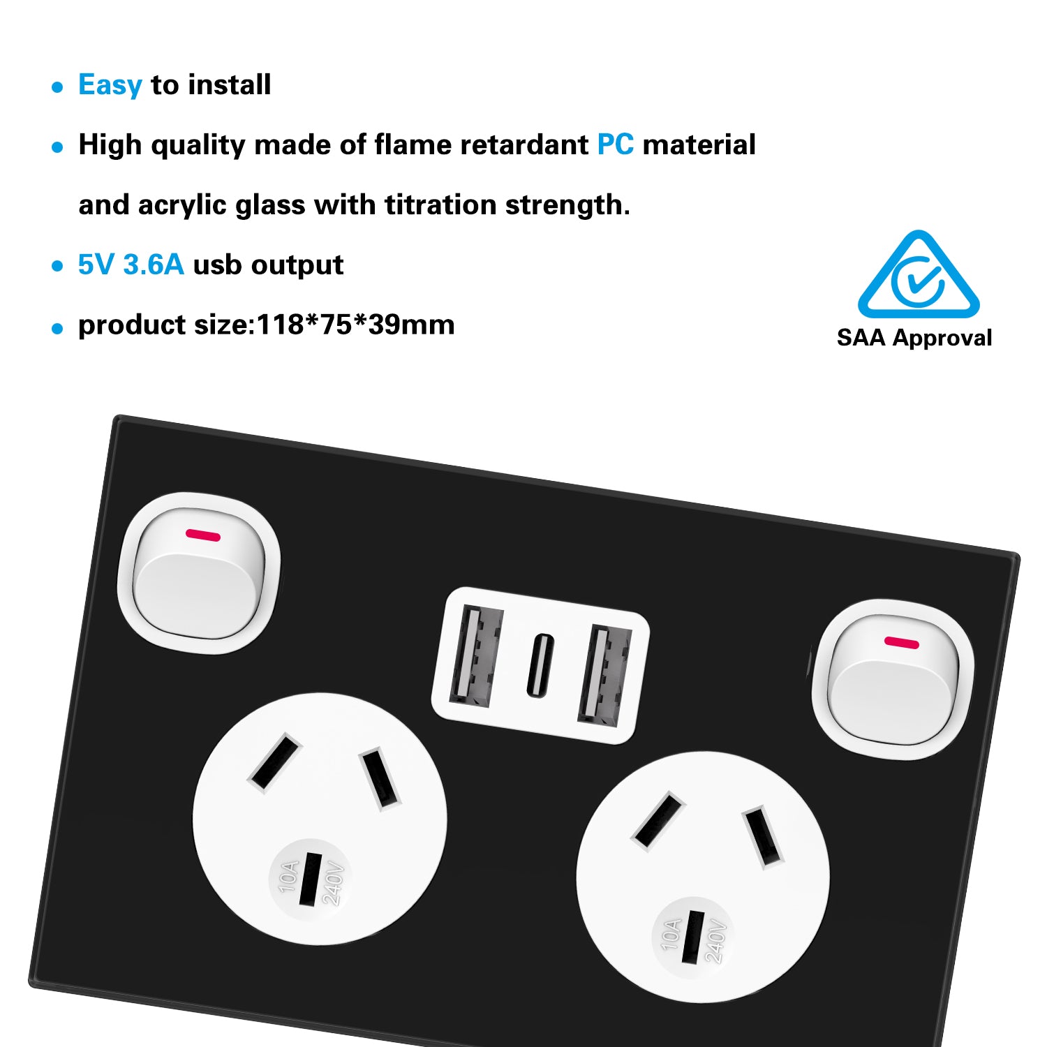 Glass Panel 10A FAST Charge 3.6 A Dual USB&Type-C Double Power Point G ...