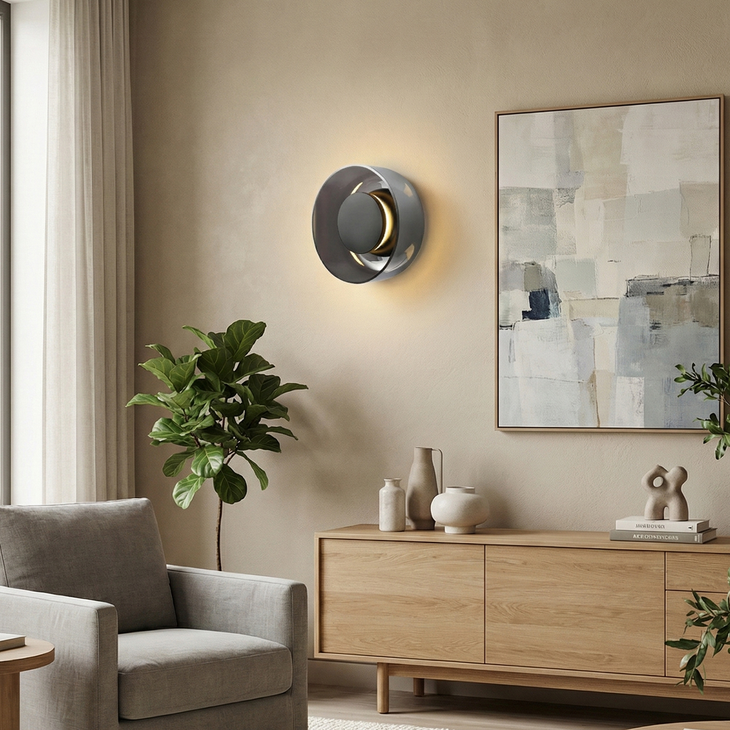 Modern Glass Circular Indoor Wall Light in Smoke Grey