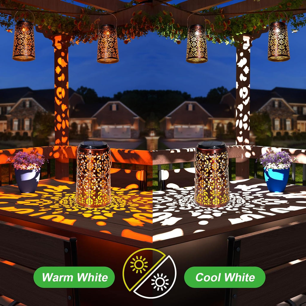 2 Pack Hanging Solar Lights Outdoor Waterproof, Metal Lantern Decorative Solar Powered Patio Decor for Garden Yard Backyard Porch Table Pathway Tree Lighting, Cool/Warm white