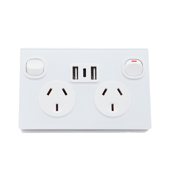Glass Panel 10A FAST Charge 3.6 A Dual USB&Type-C Double Power Point GPO Wall outlet