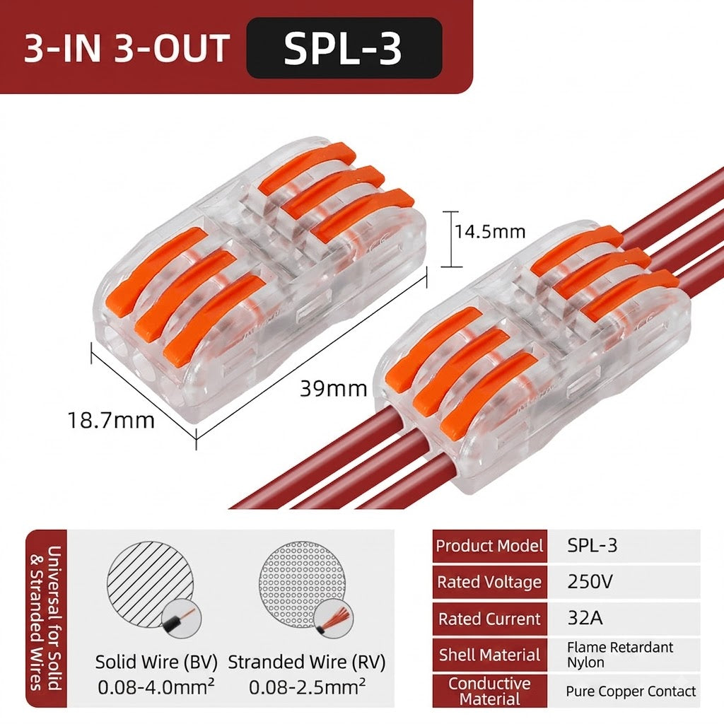 3-in 3-out Lever Wire Connector  Compact Splicing Quick Connector