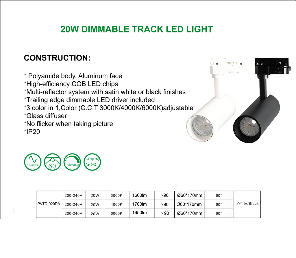 20W LED Track Light Adjustable Spot Light Dimmable &3 CCT (PVDL-TR020W ...