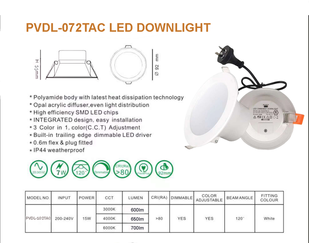 7W LED Downlight Tri color Dimmable 70mm Cutout PVDL 072C