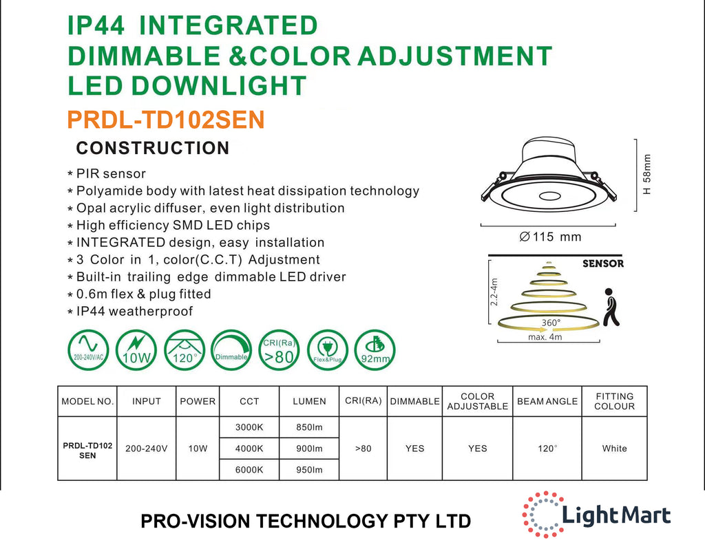 10W LED Downlight 3CCT  PIR Sensor Light (PVDL-102SEN)